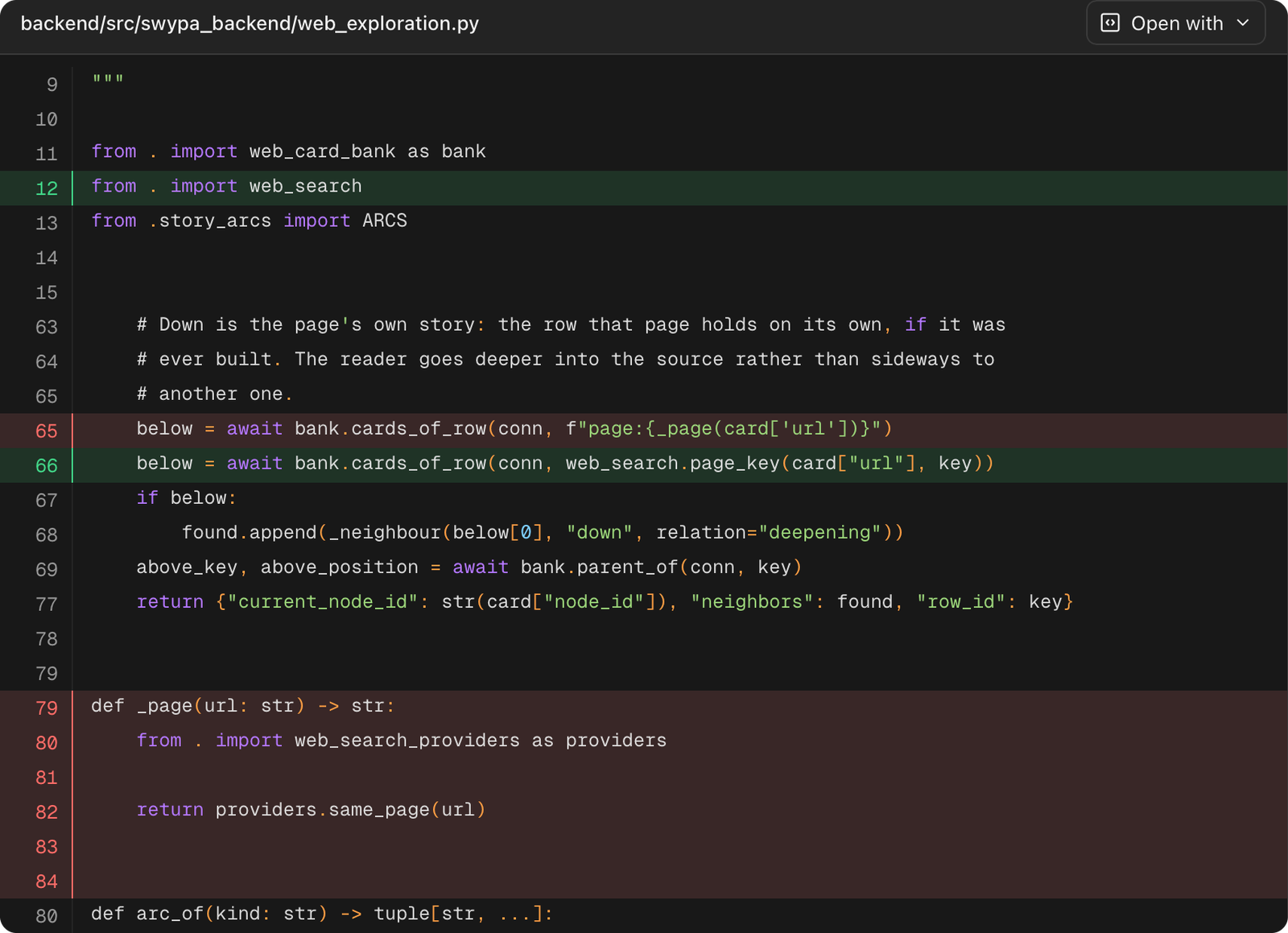 Kaplira changes view showing files changed by a governed run and a line-level Python diff
