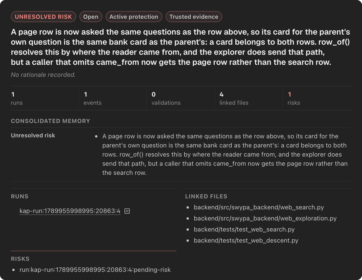 Kaplira Construction Memory showing recent changes and unresolved risks beside the run, linked files, and active protection behind the selected entry