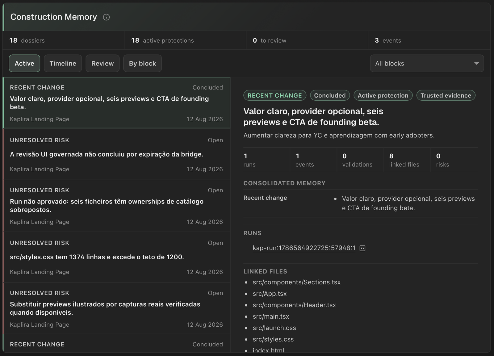Kaplira Construction Memory showing recent changes, unresolved risks, active protections, linked runs, and linked files