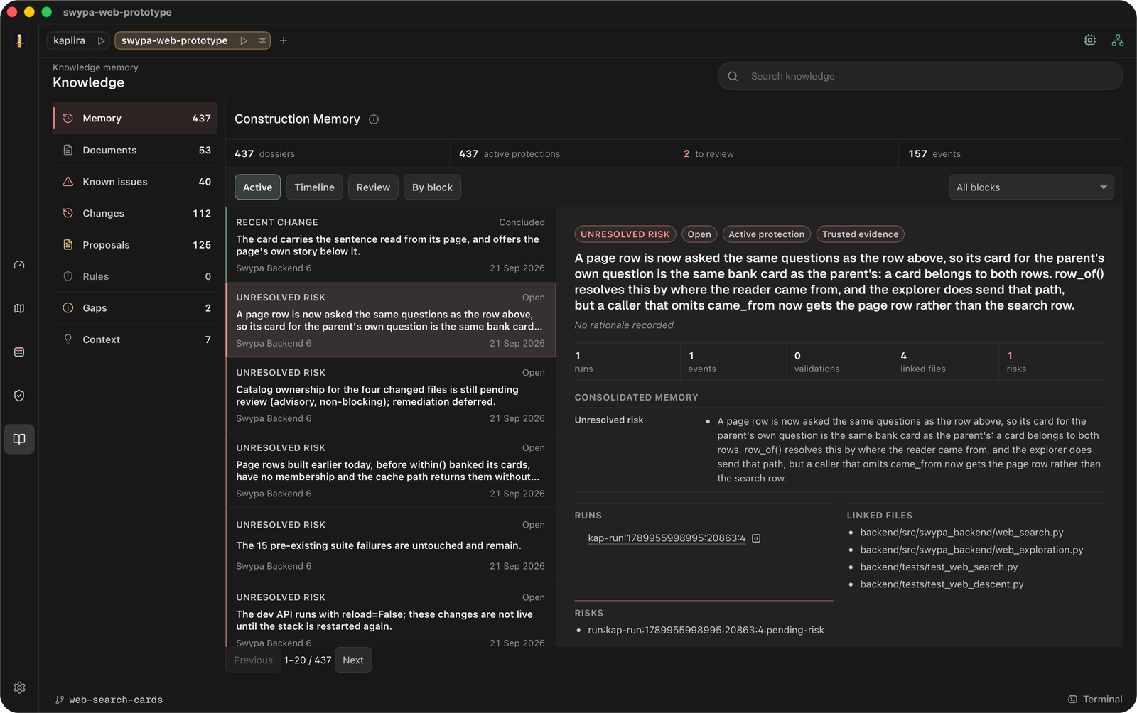 Kaplira Knowledge view listing Construction Memory entries beside the Documents, Known issues and Changes lists