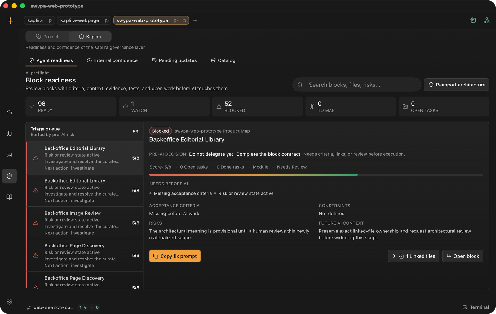 Kaplira Readiness showing block readiness counts, a triage queue and a blocked block with its pre-AI decision