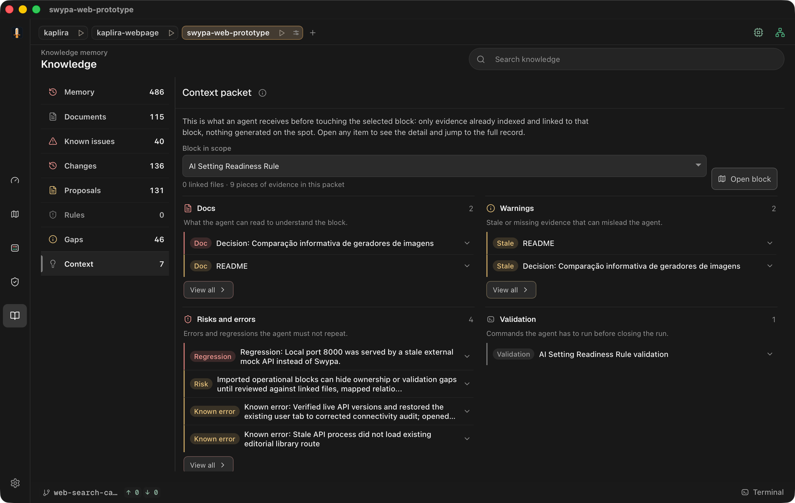 Kaplira context packet for one block: the docs, stale warnings, known errors and regression, and the validation an agent receives before touching it