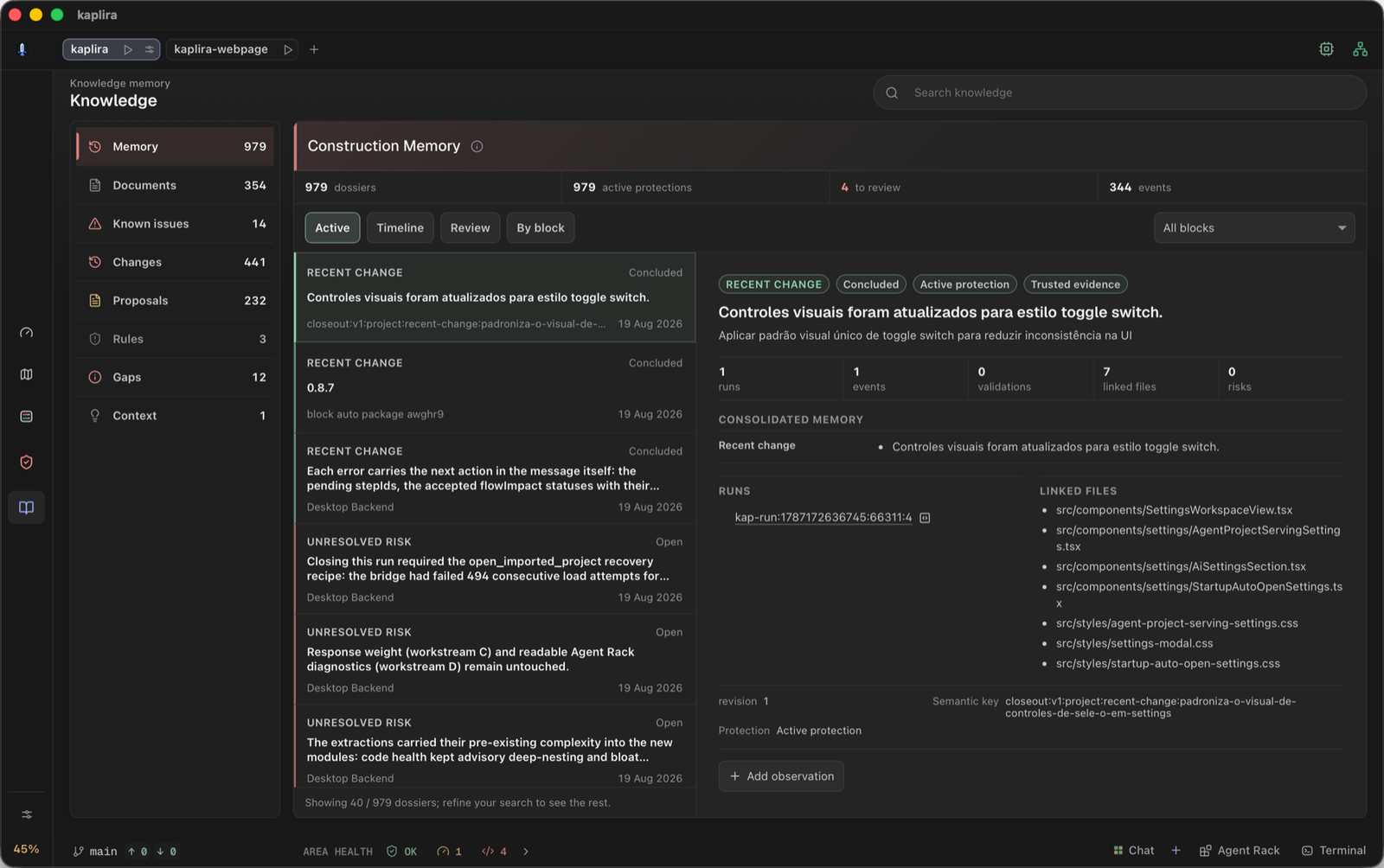 The Kaplira knowledge memory view with active protections, known issues, and unresolved risks linked to the files of a past run