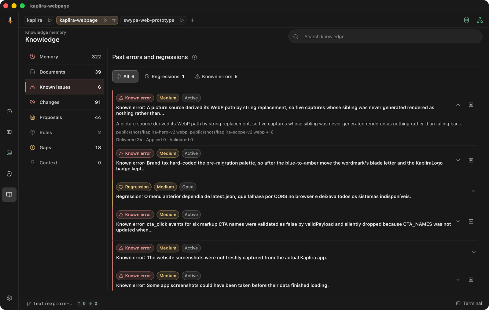 Kaplira Known issues for this website: six past errors and regressions, one expanded to show the files it lived in and how many times it was delivered
