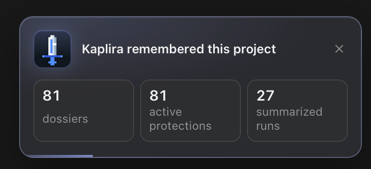Kaplira remembered this project, with 81 dossiers, 81 active protections, and 27 summarized runs.