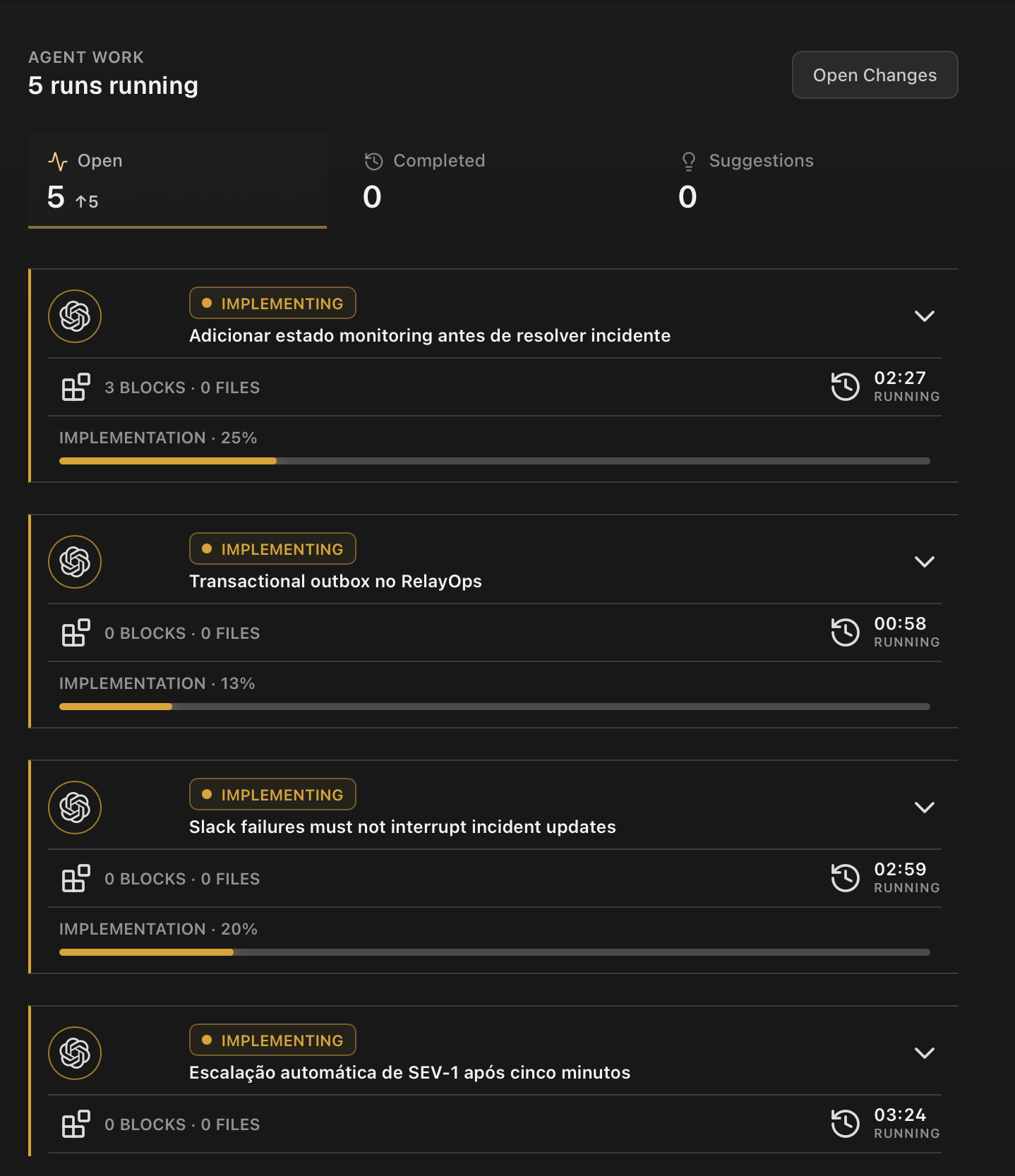 Kaplira Agent Work showing five active governed runs with status, affected blocks, files, elapsed time, and implementation progress