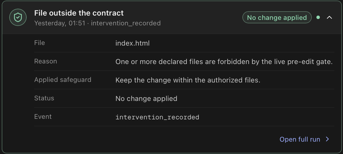 Kaplira intervention showing index.html blocked for being outside the authorized file contract, with no change applied.