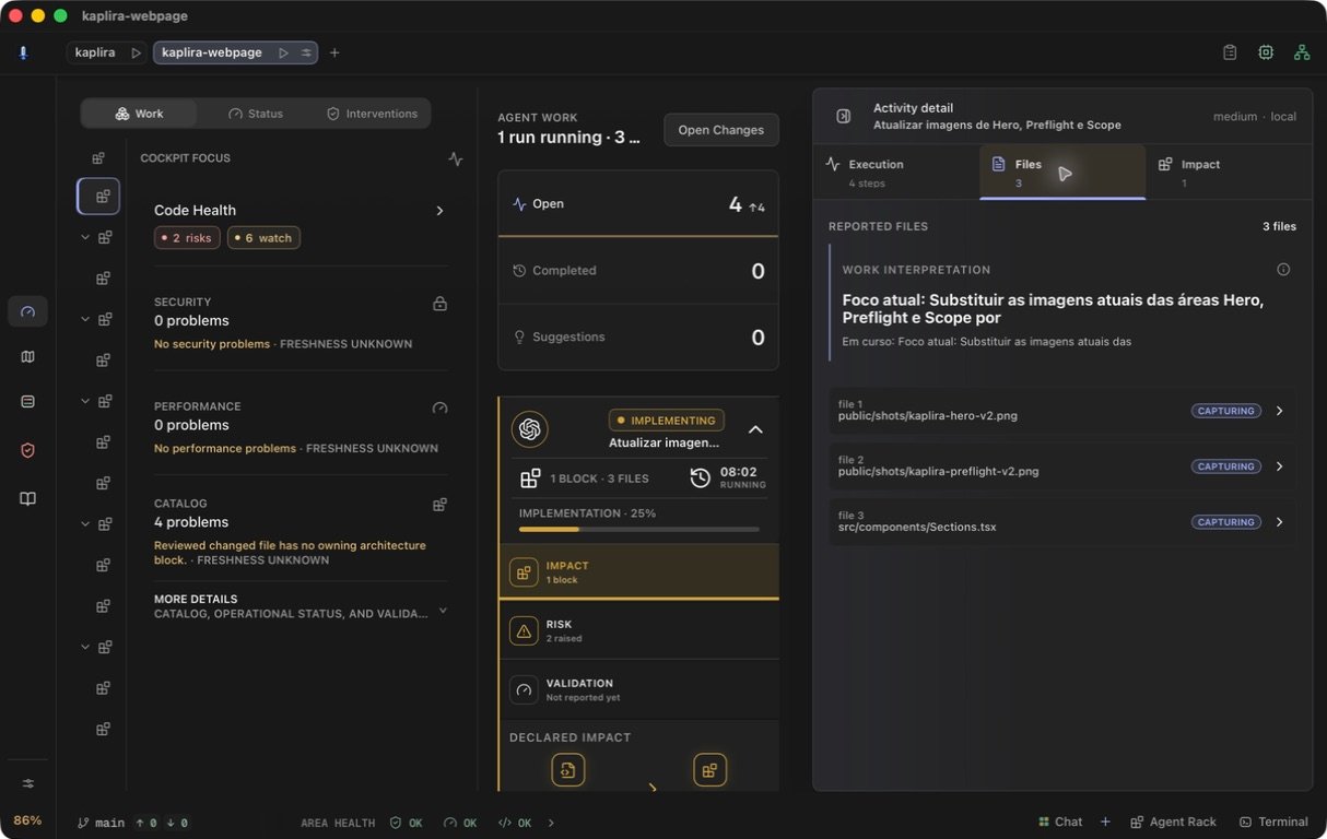 A live Kaplira run inspector showing the scoped files, affected block, and governed execution plan