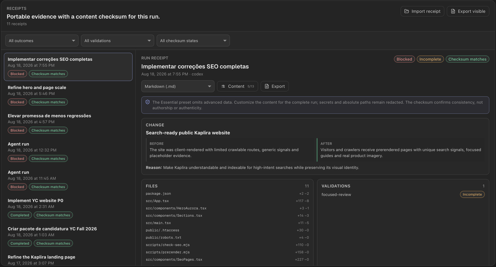 Kaplira Receipts ledger showing a blocked run, validation state, changed file, risk, and matching content checksum