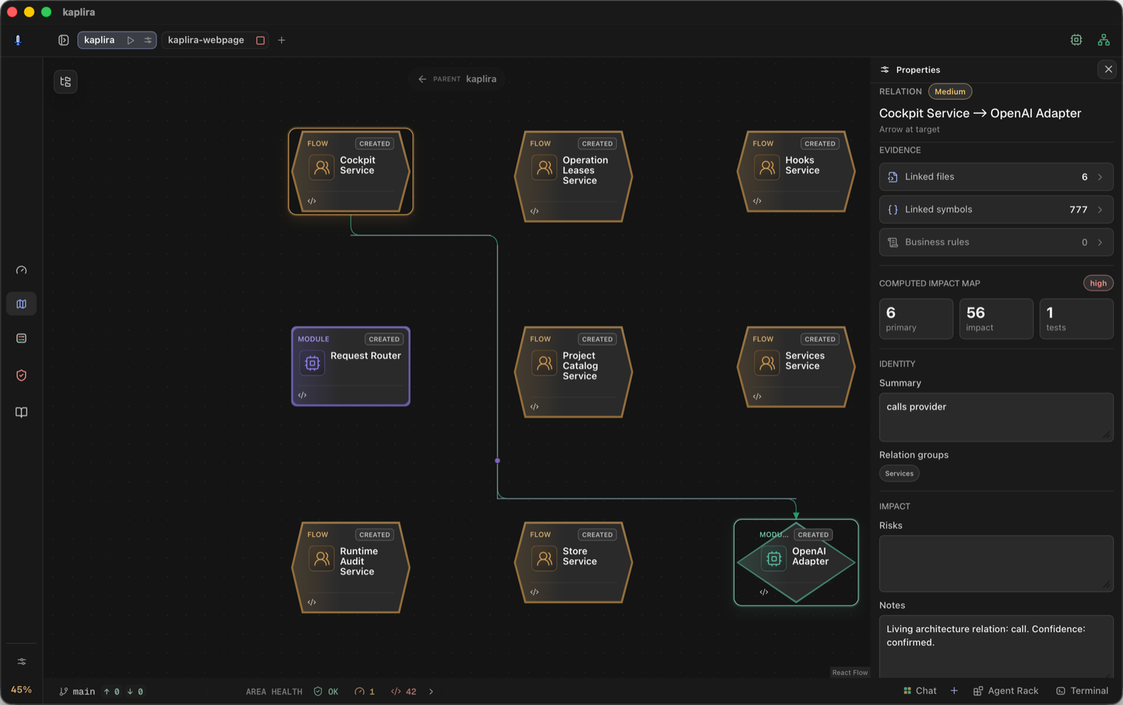 Kaplira relation properties for Cockpit Service and OpenAI Adapter, including linked files, symbols, computed impact, identity, and notes